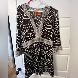 Tory Burch Graphic Embellished Brown and White Tunic